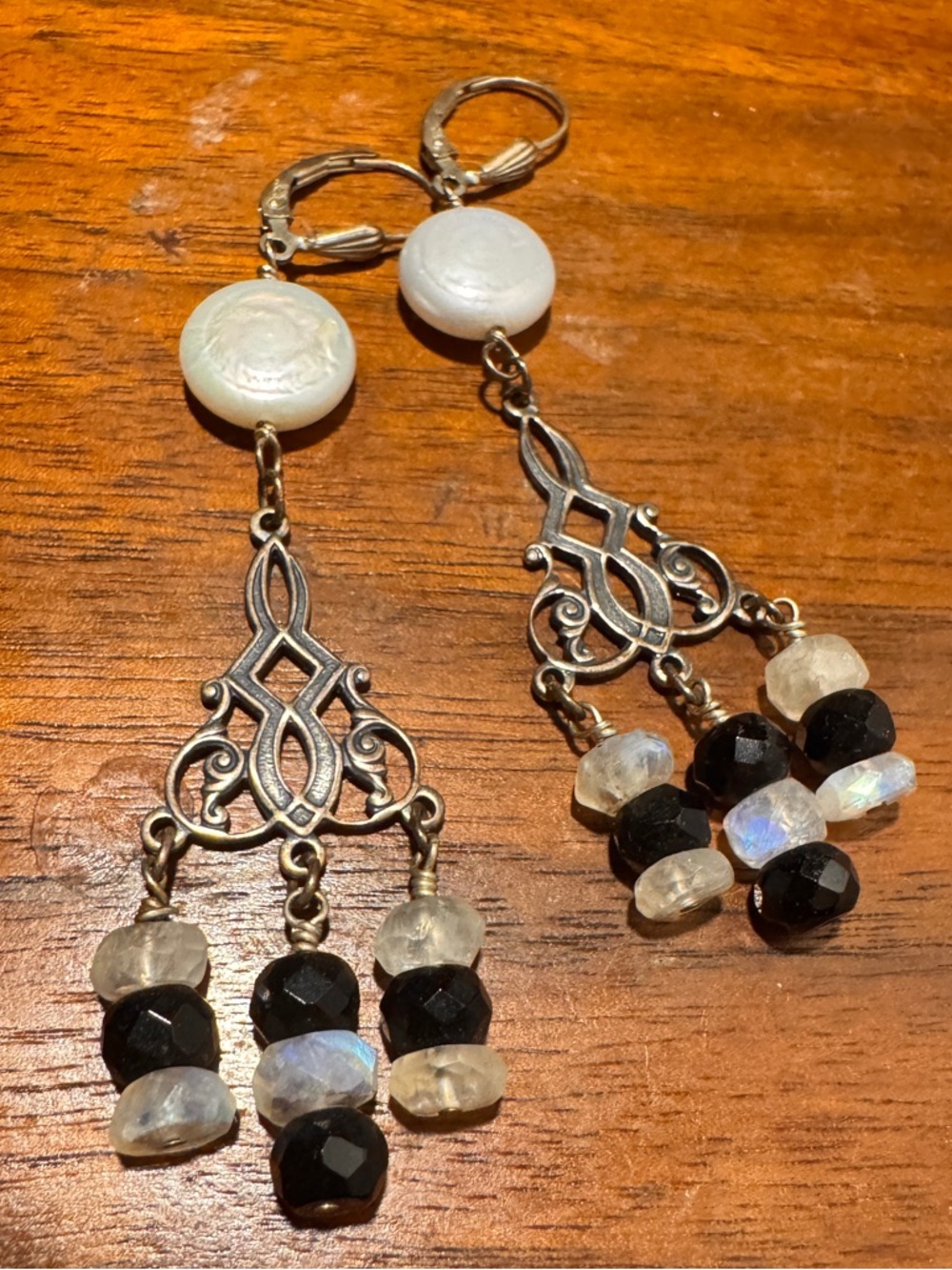 Silver Filigree Dangle Chandelier Earrings with Onyx and Moonstone Beads